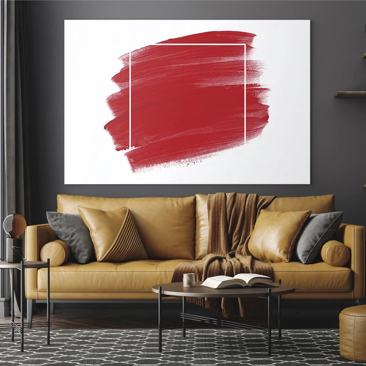 Obraz na skle - Abstraktní červená skvrna s bílým rámečkem - 70x50cm - Mimo rám - Moderní nástěnná dekorace do obývacího pokoje a ložnice ARTTOR