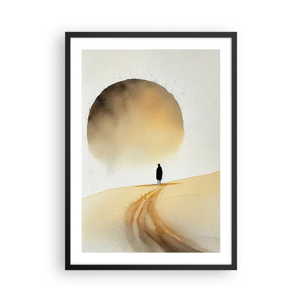 Plakát v černém rámu - Silueta cestovatele na pouštní silnici - 50x70cm - Vždycky touha - Moderní nástěnná dekorace do obývacího pokoje a ložnice ARTTOR