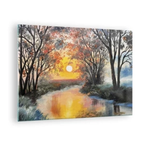 Obraz na skle - Západ slunce nad řekou mezi stromy - 70x50cm - Podzimní nádech - Moderní nástěnná dekorace do obývacího pokoje a ložnice ARTTOR
