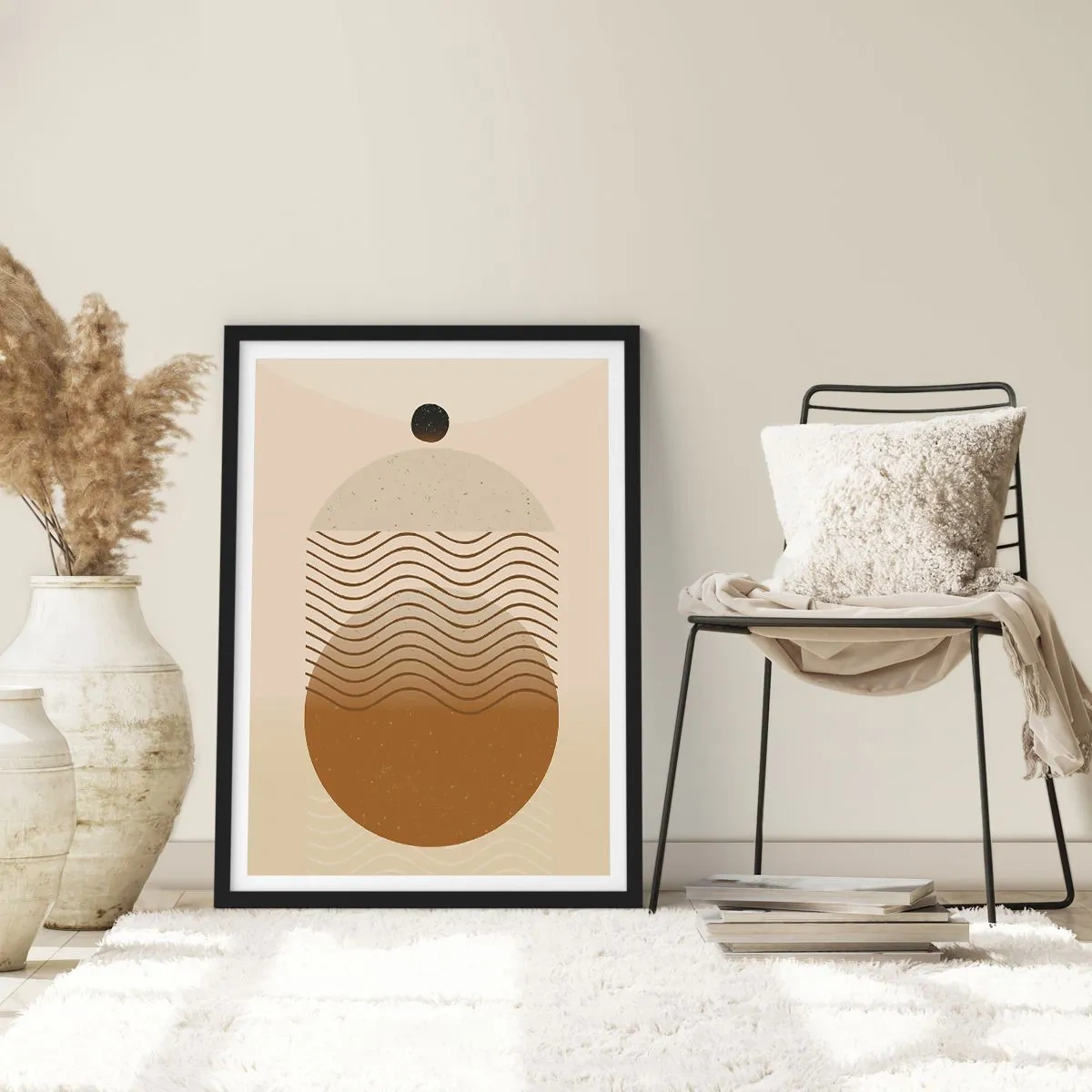 Plakát v černém rámu - Minimalistický vzor s vlnami a geometrickými tvary - 50x70cm - O původu geometrických obrazců - Moderní nástěnná dekorace do obývacího pokoje a ložnice ARTTOR