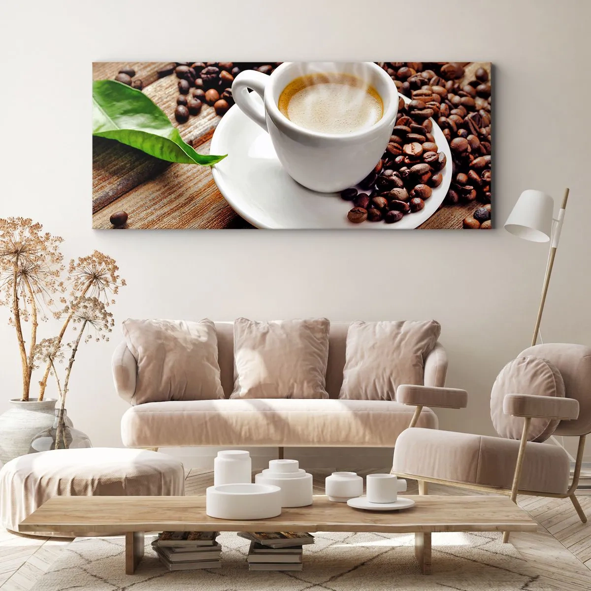 Obraz na plátně - Káva na lavici - 100x40 cm