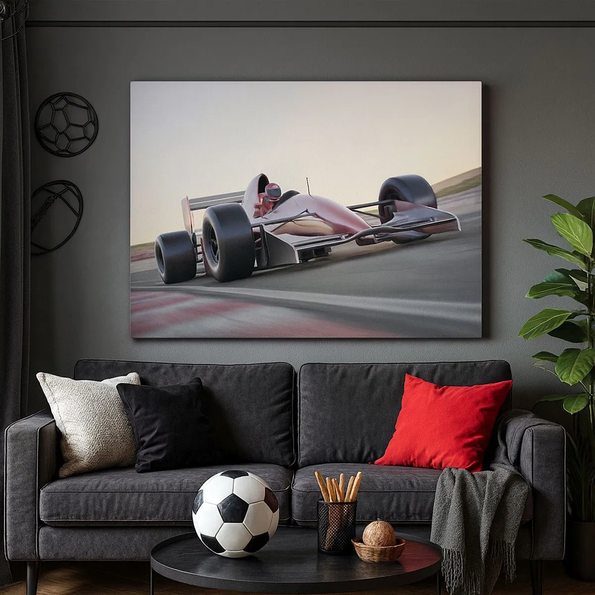 Obraz na plátně - Červený vůz Formule 1 na závodní dráze za jízdy - 70x50cm - Vždy vítěz - Moderní nástěnná dekorace do obývacího pokoje a ložnice ARTTOR