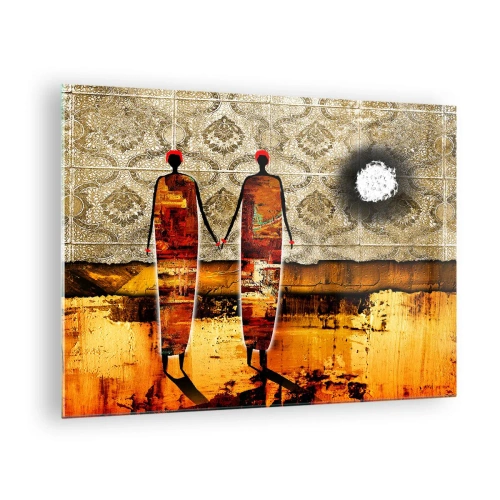 Obraz na skle - Dvě abstraktní postavy na pozadí ornamentu a zlatých odstínů - 70x50cm - Etnická kompozice v barvách Afriky - Moderní nástěnná dekorace do obývacího pokoje a ložnice ARTTOR