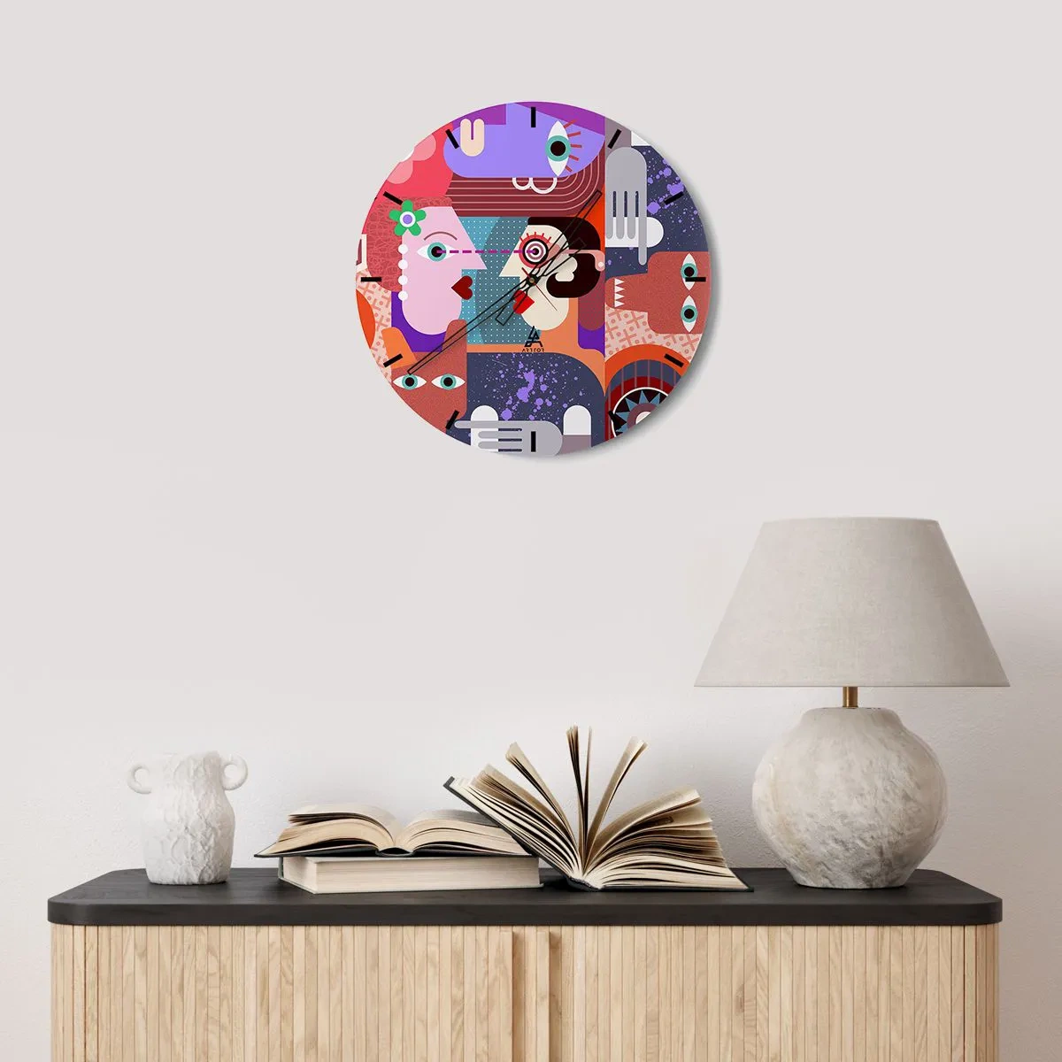 Nástěnné hodiny - Barevná abstrakce s motivem obličeje v kubistickém stylu - 30x30cm - Tváří v tvář - Moderní nástěnná dekorace do obývacího pokoje, kuchyně a ložnice ARTTOR