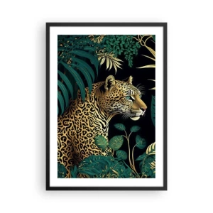 Plakát v černém rámu - Zlatý leopard v tropické džungli - 50x70cm - Domácí v džungli - Moderní nástěnná dekorace do obývacího pokoje a ložnice ARTTOR