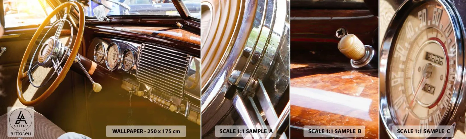 Fototapeta Vzorek Standard Eco - Závan luxusu z minulosti - Historické auto, Automobilový průmysl, Přístrojová deska - 100x30 cm