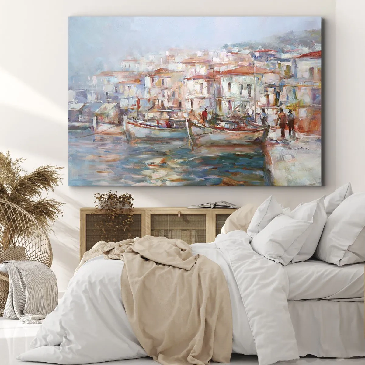 Obraz na plátně - Dojem z přístavu s loděmi a budovami - 70x50cm - Pastelová dovolená - Moderní nástěnná dekorace do obývacího pokoje a ložnice ARTTOR