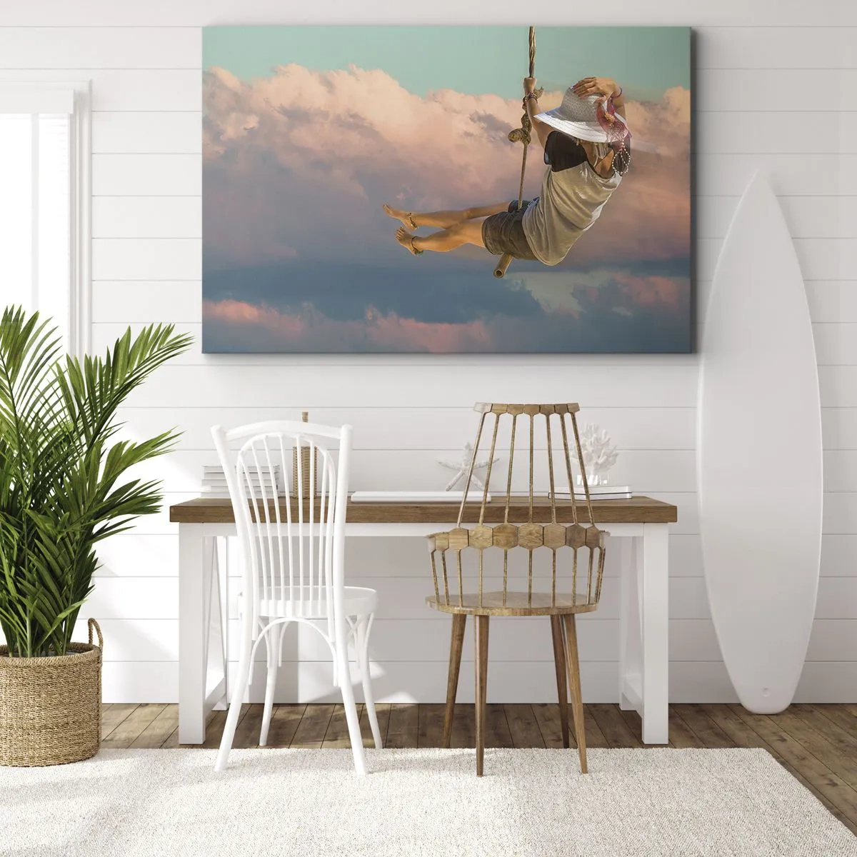 Obraz na plátně - Žena na houpačce mezi růžovými mraky - 70x50cm - Hra v oblacích - Moderní nástěnná dekorace do obývacího pokoje a ložnice ARTTOR