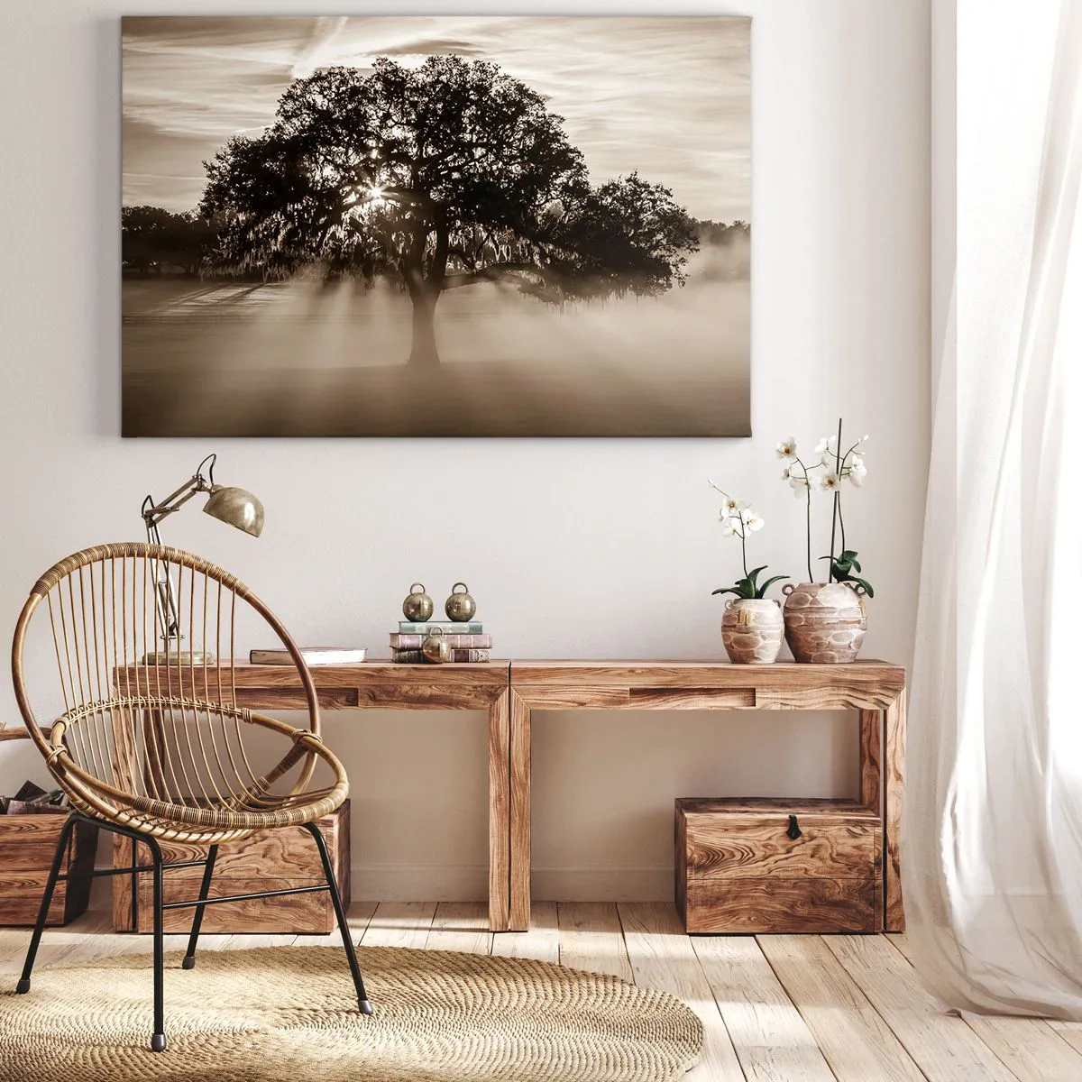 Obraz na plátně - Paprsky slunce prosvítající osamělým stromem - 70x50cm - Strom zpráv samotného dobra - Moderní nástěnná dekorace do obývacího pokoje a ložnice ARTTOR