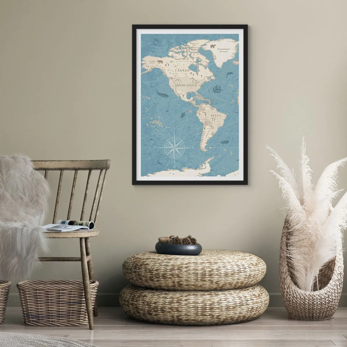 Plakát v černém rámu - Stylizovaná mapa Severní a Jižní Ameriky - 50x70cm - Svět na dosah ruky - Moderní nástěnná dekorace do obývacího pokoje a ložnice ARTTOR