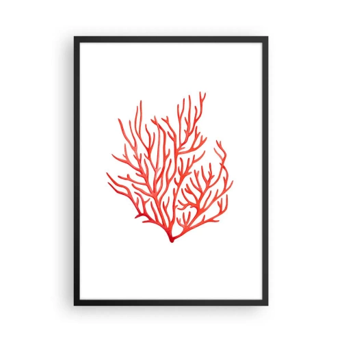 Plakát v černém rámu - Červený korál na bílém pozadí v minimalistickém stylu - 50x70cm - Korálový filigrán - Moderní nástěnná dekorace do obývacího pokoje a ložnice ARTTOR