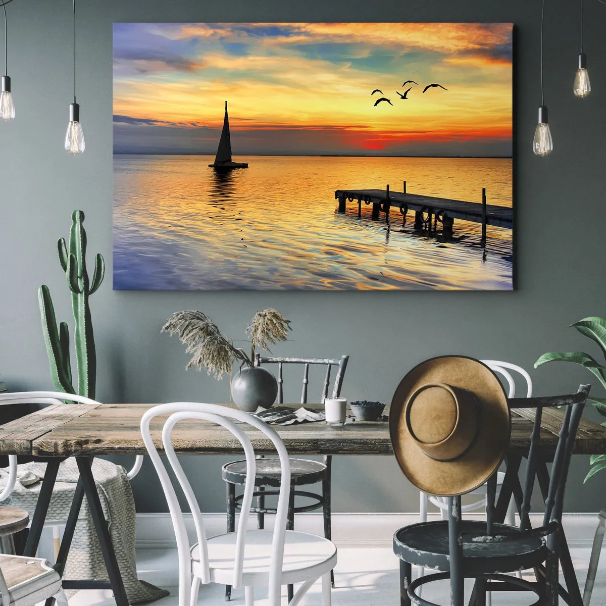 Obraz na plátně - Západ slunce s plachetnicí a molem na klidném jezeře - 70x50cm - Večerní návraty - Moderní nástěnná dekorace do obývacího pokoje a ložnice ARTTOR