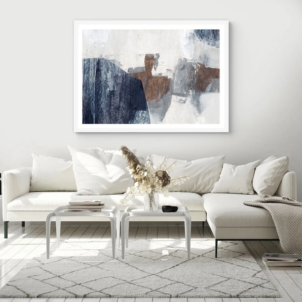 Plakát v bílém rámu - Modro-hnědé tvary - 50x40 cm