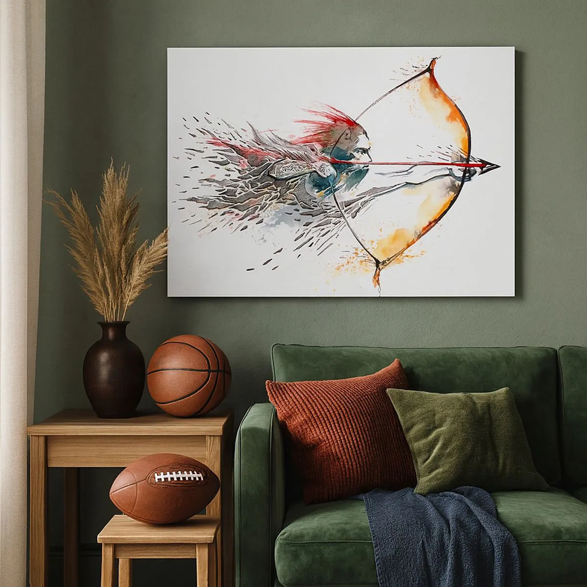 Obraz na plátně - Dynamická akvarelová malba bojovníka s lukem a šípem - 70x50cm - Mytický bojovník s ohnivým lukem - Moderní nástěnná dekorace do obývacího pokoje a ložnice ARTTOR