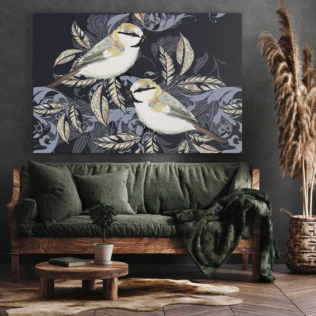 Obraz na plátně - Ptáci na větvích v okrasném pozadí - 70x50cm - Žlutomodrá píseň - Moderní nástěnná dekorace do obývacího pokoje a ložnice ARTTOR