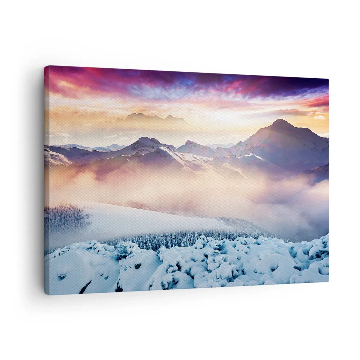 Obraz na plátně - Zasněžené hory za úsvitu s barevnou oblohou - 70x50cm - Síla a čistota přírody - Moderní nástěnná dekorace do obývacího pokoje a ložnice ARTTOR