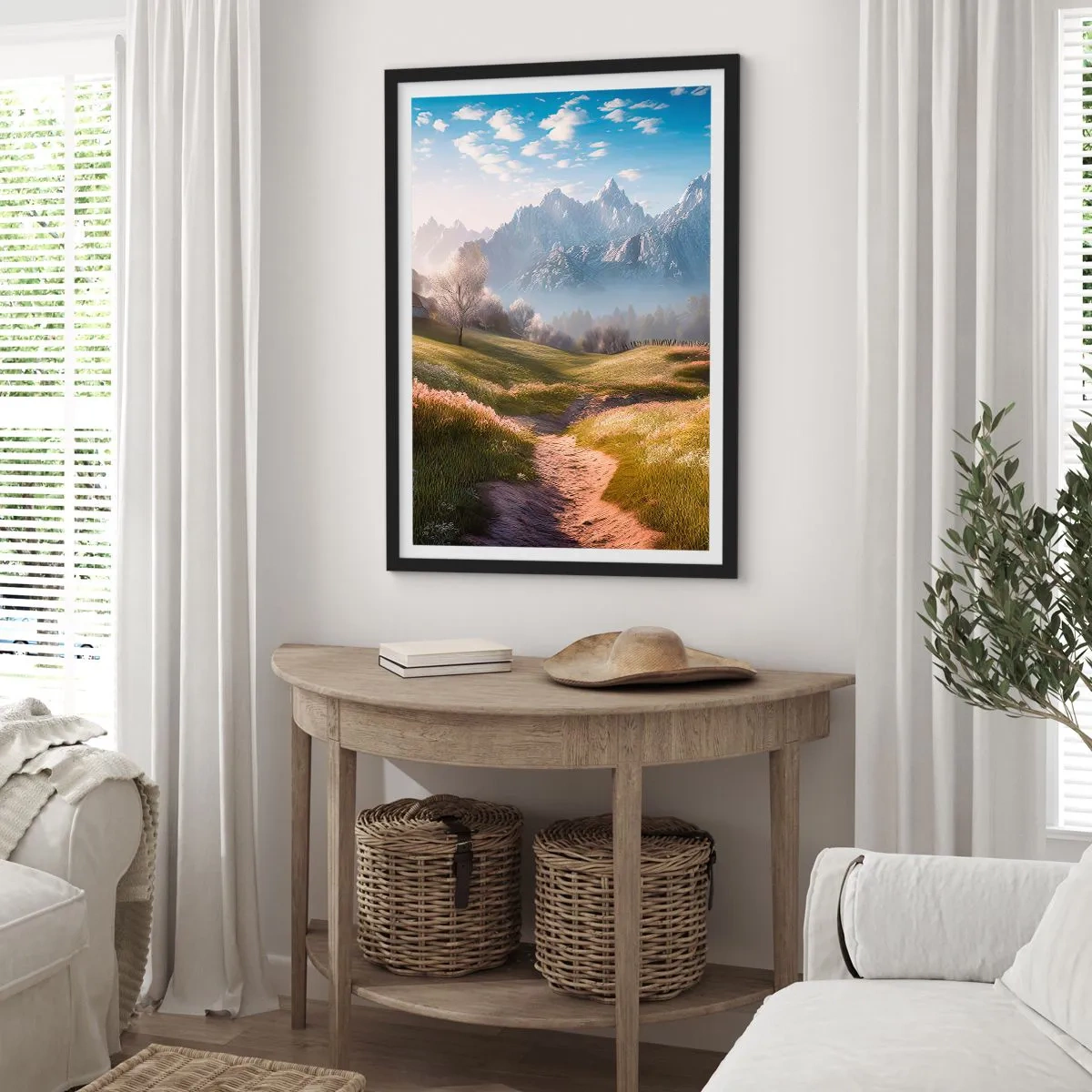 Plakát v černém rámu - Horská cesta vedoucí zeleným údolím při východu slunce - 50x70cm - Idylické údolí - Moderní nástěnná dekorace do obývacího pokoje a ložnice ARTTOR