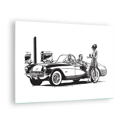 Obraz na skle - Kreativní grafika s klasickým autem a postavami - 70x50cm - 60. - bezstarostná Amerika - Moderní nástěnná dekorace do obývacího pokoje a ložnice ARTTOR
