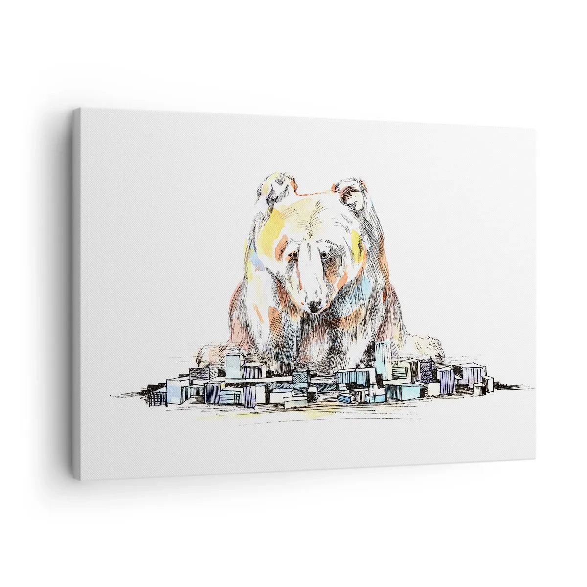 Obraz na plátně - Ilustrace medvěda s barevnými detaily a bloky - 70x50cm - Jak lze takto žít? - Moderní nástěnná dekorace do obývacího pokoje a ložnice ARTTOR