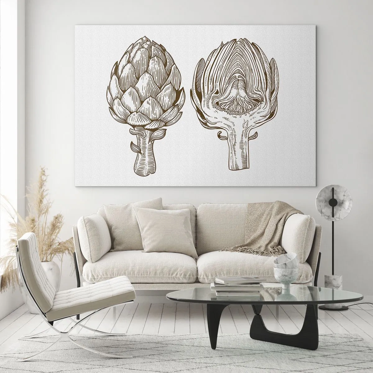 Obraz na skle - Botanická kresba artyčoku v celku a v průřezu - 70x50cm - Hodiny anatomie - Moderní nástěnná dekorace do obývacího pokoje a ložnice ARTTOR