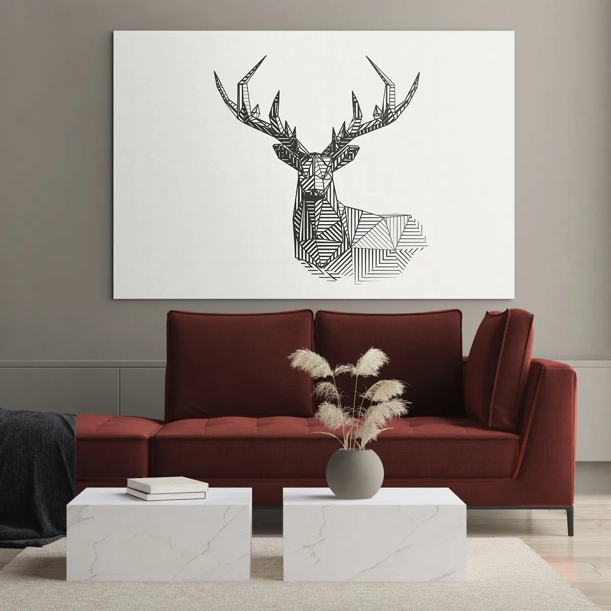 Obraz na skle - Kubistický jelen z geometrických tvarů na bílém pozadí - 70x50cm - Jelen v kubistickém stylu - Moderní nástěnná dekorace do obývacího pokoje a ložnice ARTTOR