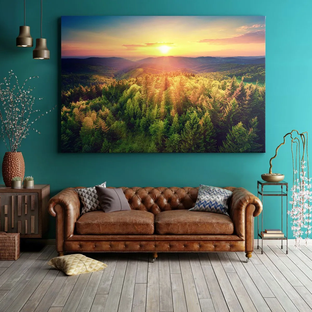 Obraz na plátně - Lesní krajina se západem slunce nad kopci - 70x50cm - Vrcholky a vrcholy - Moderní nástěnná dekorace do obývacího pokoje a ložnice ARTTOR