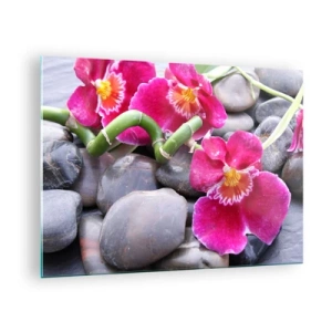 Obraz na skle - Růžové orchideje s bambusem na kamenech - 70x50cm - Chlad a žár - Moderní nástěnná dekorace do obývacího pokoje a ložnice ARTTOR