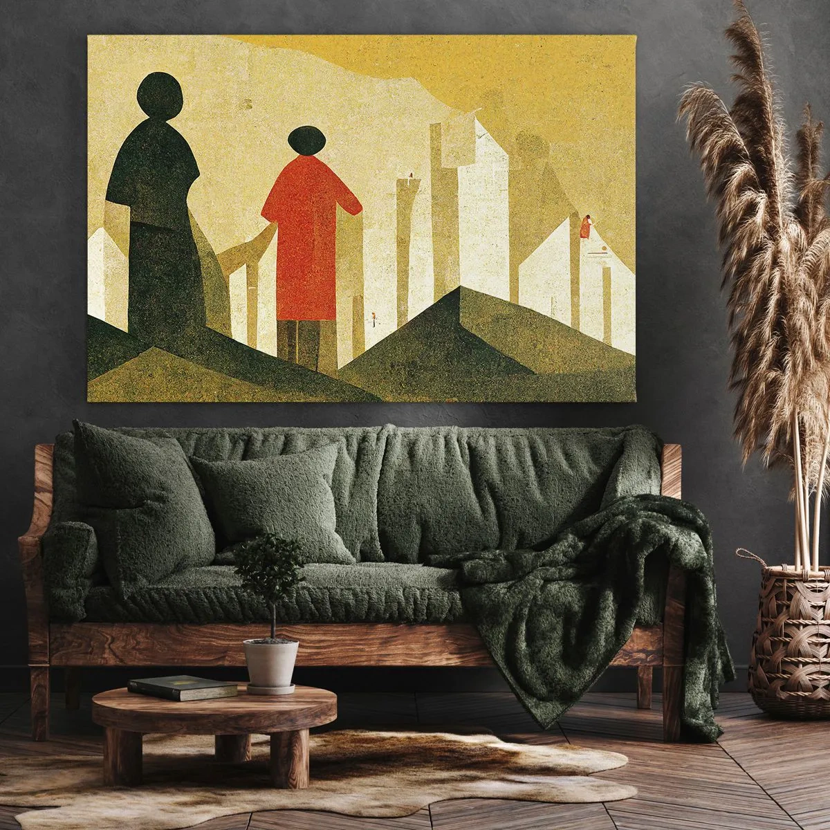 Obraz na plátně - Geometrické siluety v červené a zelené barvě na žlutém pozadí - 70x50cm - Ještě hodně daleko - Moderní nástěnná dekorace do obývacího pokoje a ložnice ARTTOR
