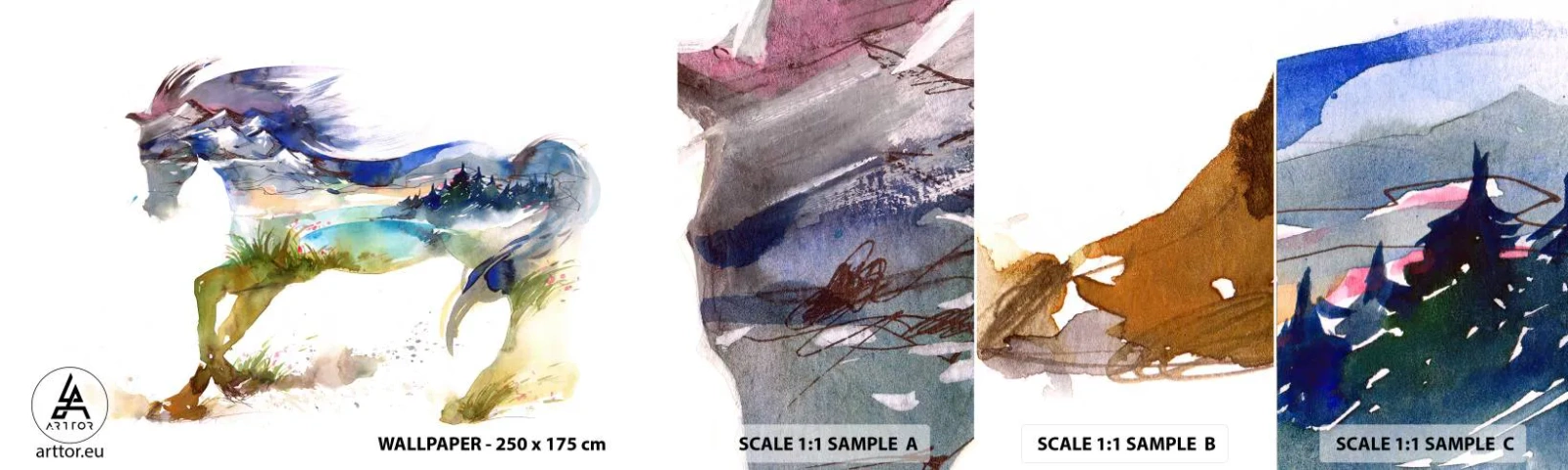 Vzor Fototapety Samolepicí Deluxe Sticker - Z louky přímo do nebe - Kůň, Abstrakce, Krajina - 100x30 cm