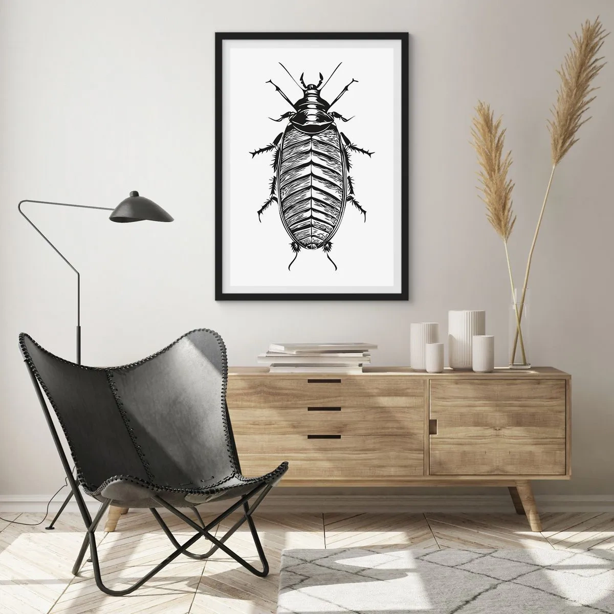 Plakát v černém rámu - Černobílá ilustrace hmyzu v maloobchodním stylu - 50x70cm - Vzorový exemplář! - Moderní nástěnná dekorace do obývacího pokoje a ložnice ARTTOR
