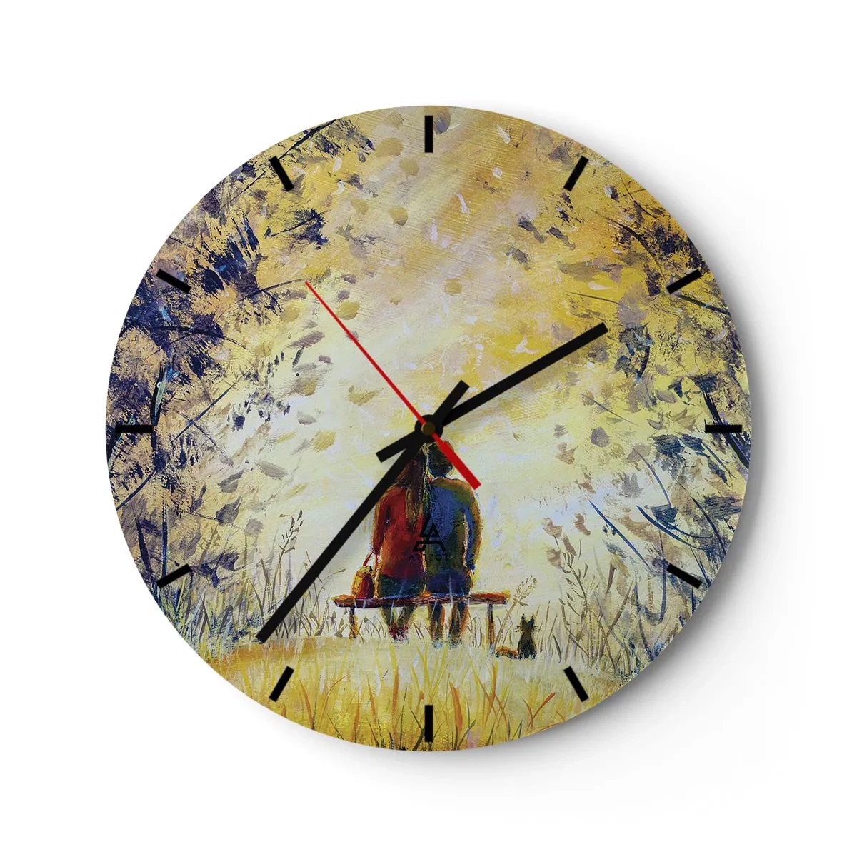 Nástěnné hodiny - Pár sedící na lavičce ve zlatém světle přírody - 30x30cm - Magický okamžik - Moderní nástěnná dekorace do obývacího pokoje, kuchyně a ložnice ARTTOR