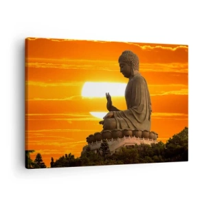 Obraz na plátně - Buddhistická socha na pozadí oranžového západu slunce - 70x50cm - Bez strachu ze světa - Moderní nástěnná dekorace do obývacího pokoje a ložnice ARTTOR