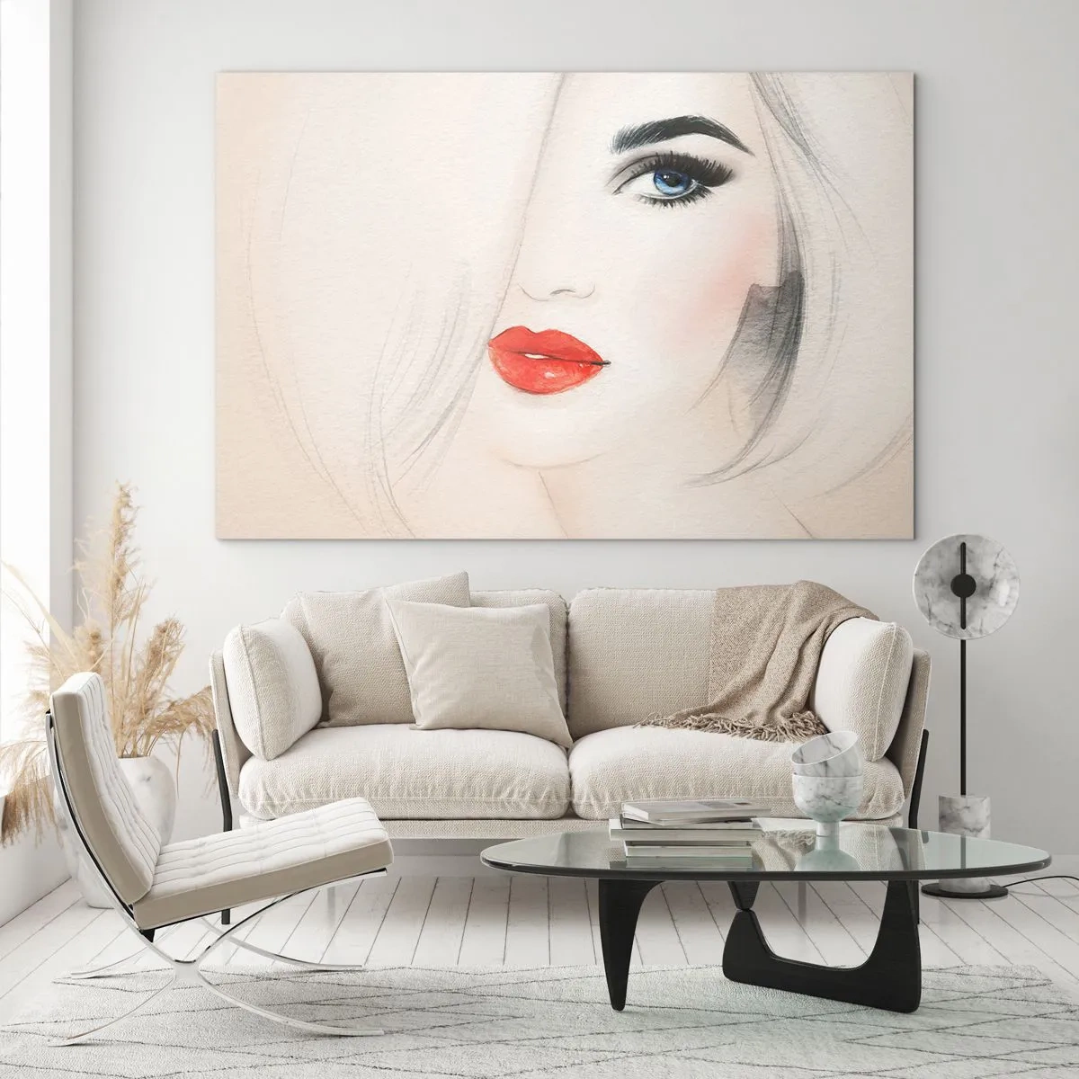 Obraz na skle - Portrét ženy se světlými vlasy, rudými rty a modrýma očima - 70x50cm - Hypnotizuje a omamuje - Moderní nástěnná dekorace do obývacího pokoje a ložnice ARTTOR