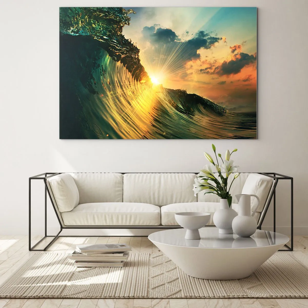 Obraz na skle - Zapadající slunce osvětluje vlny oceánu - 70x50cm - Surfaři, kde jsi? - Moderní nástěnná dekorace do obývacího pokoje a ložnice ARTTOR