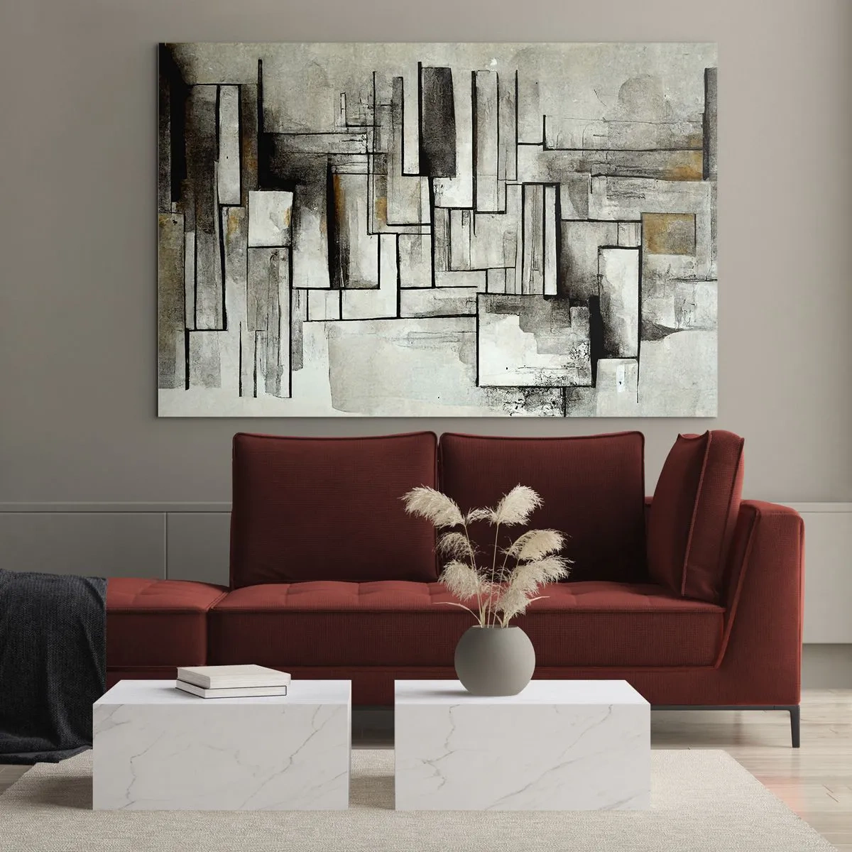 Obraz na skle - Geometrická kompozice obdélníků v tlumených šedých tónech - 70x50cm - Síla jednoduchosti - Moderní nástěnná dekorace do obývacího pokoje a ložnice ARTTOR