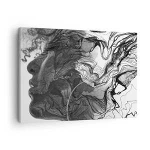Obraz na plátně - Abstraktní obličej v černé a bílé s dynamickými liniemi. - 70x50cm - Zapletená ve snech - Moderní nástěnná dekorace do obývacího pokoje a ložnice ARTTOR