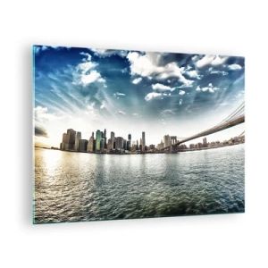 Obraz na skle - Panorama New Yorku s Brooklynským mostem - 70x50cm - Skleněný ostrov - Moderní nástěnná dekorace do obývacího pokoje a ložnice ARTTOR
