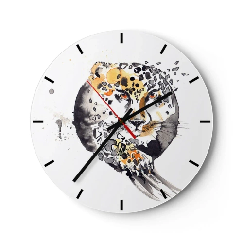 Nástěnné hodiny - Leopard v umělecké podobě s dynamickými částicemi kolem siluety - 30x30cm - Dravá krása - Moderní nástěnná dekorace do obývacího pokoje, kuchyně a ložnice ARTTOR