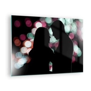 Obraz na skle - Siluety páru na pozadí barevných bokeh světel - 70x50cm - Ano! - Moderní nástěnná dekorace do obývacího pokoje a ložnice ARTTOR