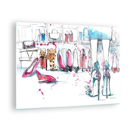 Obraz na skle - Ilustrace elegantních vysokých podpatků v obchodě - 70x50cm - Sezame, otevři se - Moderní nástěnná dekorace do obývacího pokoje a ložnice ARTTOR