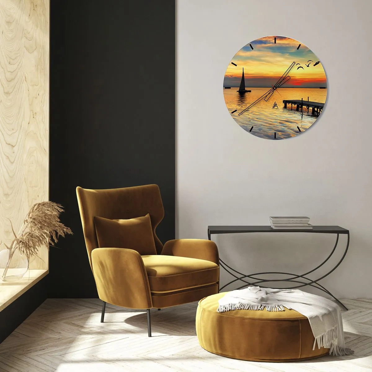 Nástěnné hodiny - Jachta při západu slunce s molem a ptáky - 30x30cm - Večerní návraty - Moderní nástěnná dekorace do obývacího pokoje, kuchyně a ložnice ARTTOR
