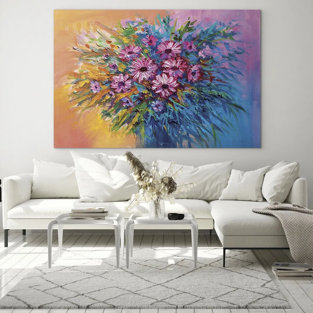 Obraz na skle - Kytice růžových květin v umělecké, barevné kompozici - 70x50cm - Energie života - Moderní nástěnná dekorace do obývacího pokoje a ložnice ARTTOR