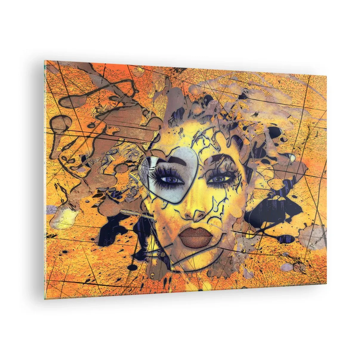 Obraz na skle - Abstraktní ženská tvář ve zlatooranžových tónech - 70x50cm - Sluneční krása - Moderní nástěnná dekorace do obývacího pokoje a ložnice ARTTOR