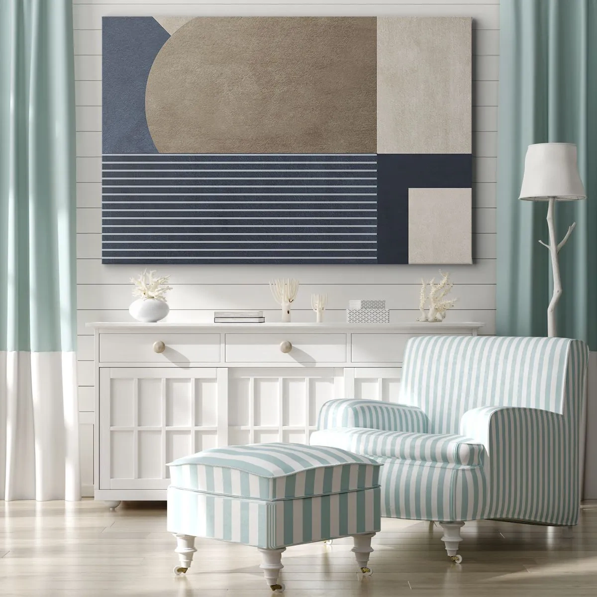 Obraz na plátně - Geometrické obrazce v odstínech béžové a tmavě modré s čarami - 70x50cm - Kompozice jednoduchosti a kulatosti - Moderní nástěnná dekorace do obývacího pokoje a ložnice ARTTOR