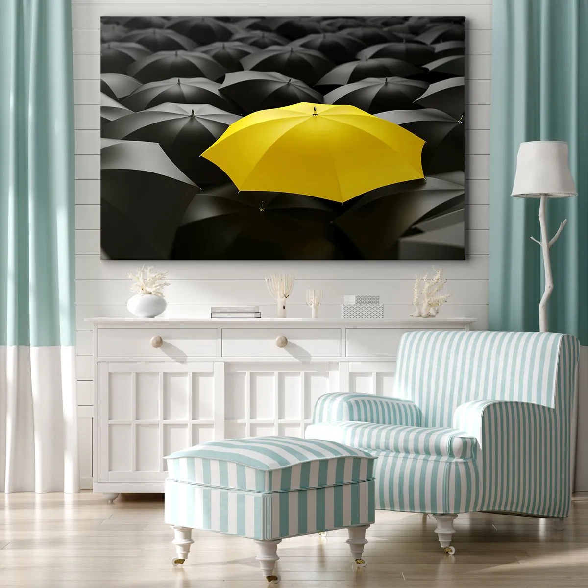 Obraz na plátně - Žlutý deštník mezi černými deštníky - 70x50cm - Sbohem smutku - Moderní nástěnná dekorace do obývacího pokoje a ložnice ARTTOR