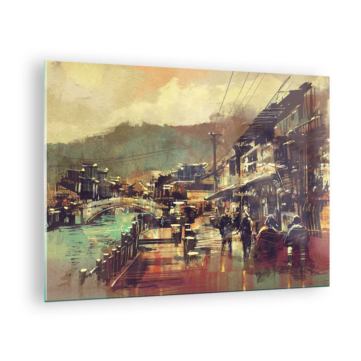 Obraz na skle - Ulice v malířském stylu s motivem mostu a kanálu. - 70x50cm - Život jako bohatství šedi - Moderní nástěnná dekorace do obývacího pokoje a ložnice ARTTOR