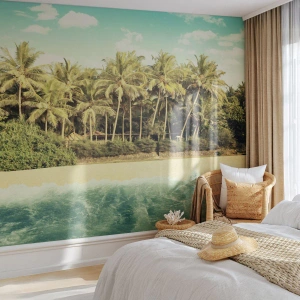 Fototapeta Standard Eco - Pláž s palmami a modrým mořem za slunečného dne - 100x70cm - Co třeba tady? - Moderní nástěnná dekorace do obývacího pokoje a ložnice ARTTOR
