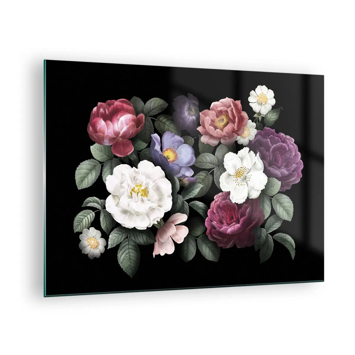Obraz na skle - Květinová kompozice s pivoňkami na černém pozadí - 70x50cm - Z anglické zahrady - Moderní nástěnná dekorace do obývacího pokoje a ložnice ARTTOR