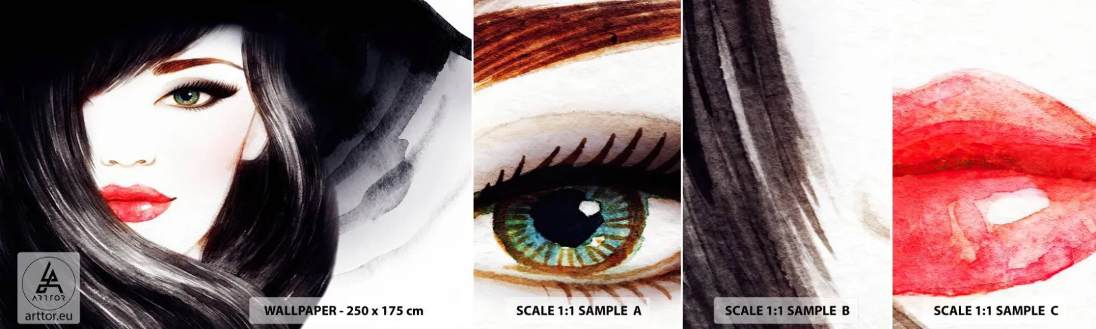 Vzor Fototapety Samolepicí Deluxe Sticker - Safírový pohled - ženská tvář, červené rty, Zelené oči - 100x30 cm