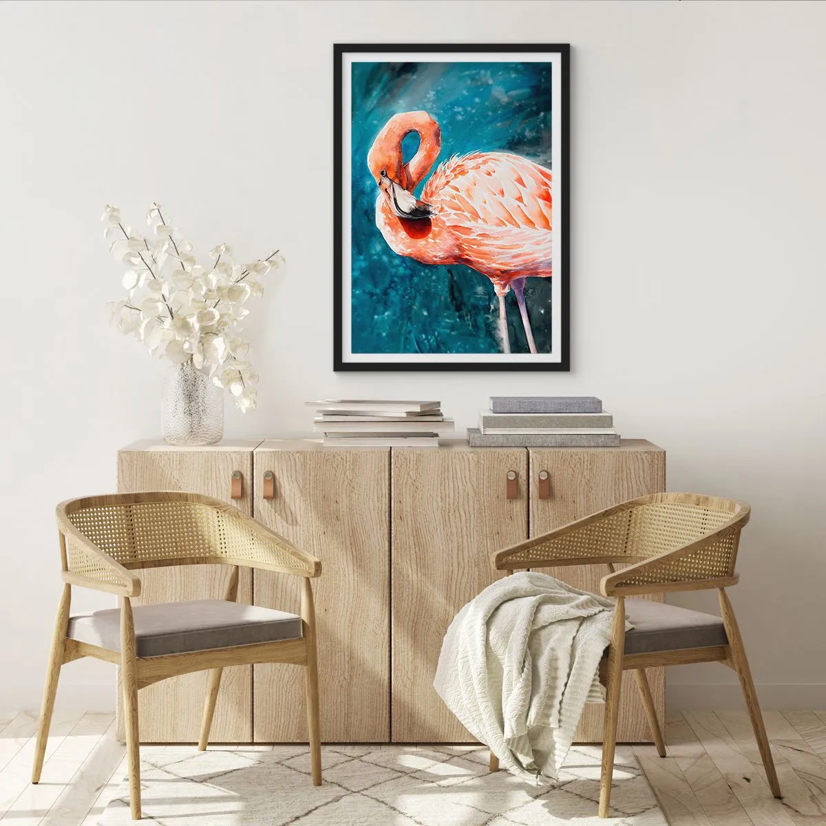 Plakát v černém rámu - Akvarelový plameňák na pozadí tyrkysové vody - 50x70cm - Dekorativní od přírody - Moderní nástěnná dekorace do obývacího pokoje a ložnice ARTTOR